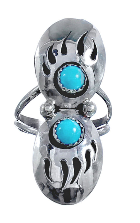 Traditional Navajo Design Double Bear Paw Turquoise Sterling Silver Ring Size 6-1/4 CB118306
